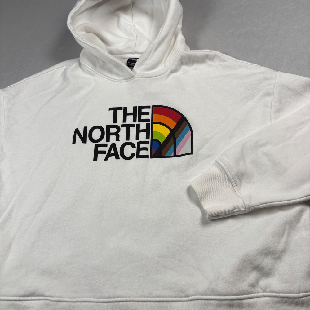 The North Face Hoodie Womens XXL Cropped Boxy Fit White Rainbow Pride Logo